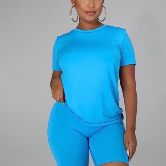 Ocean Blue Two Piece Short Sleeve High Waisted Biker Shorts Set - Picture 2 of 2